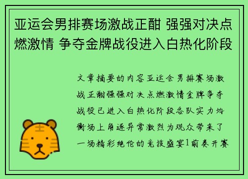 亚运会男排赛场激战正酣 强强对决点燃激情 争夺金牌战役进入白热化阶段