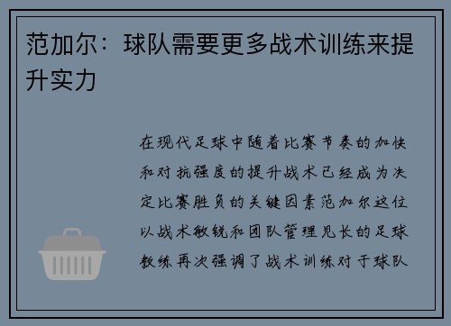 范加尔：球队需要更多战术训练来提升实力
